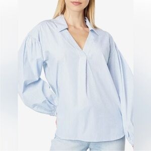 Industry pullover long puff sleeve collared shirt blouse oxford blue white med